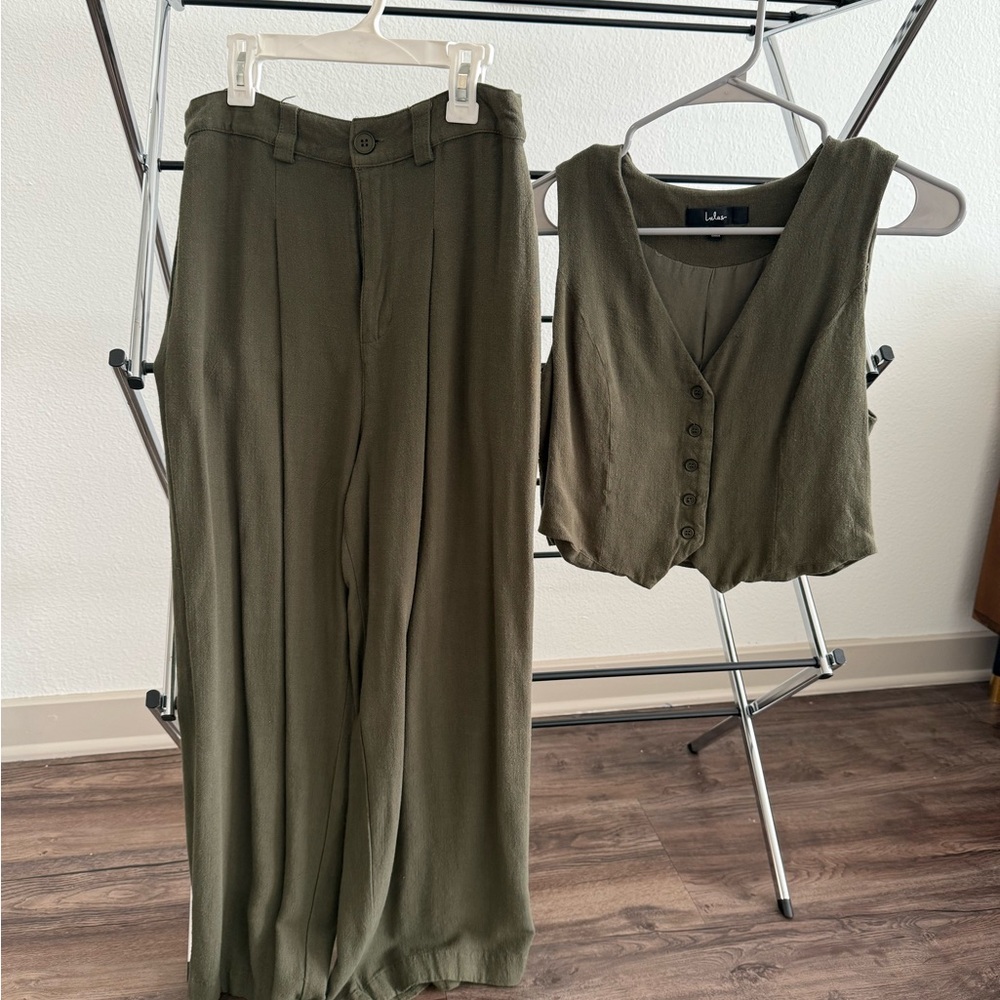 Lulu's Sage Green Wide Leg Pants & Vest Set